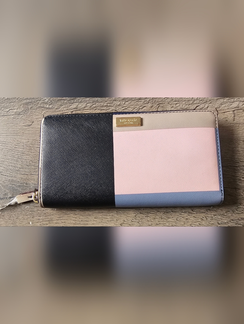 Kate Spade Wallet Continental Colorblock Slim Bifold Wallet Black Pink Beige